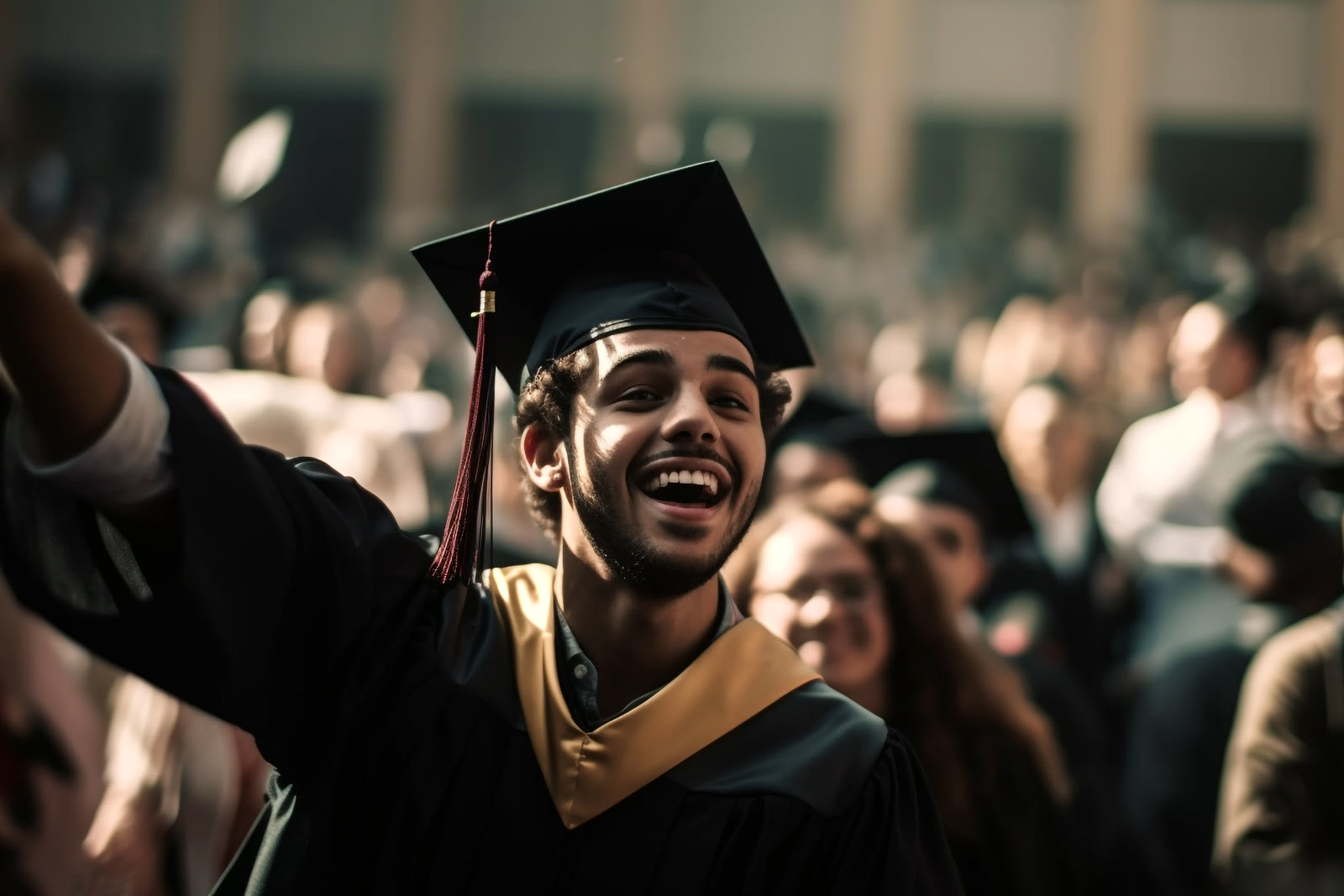 Young university graduate in cap and gown smiling at the graduation ceremony