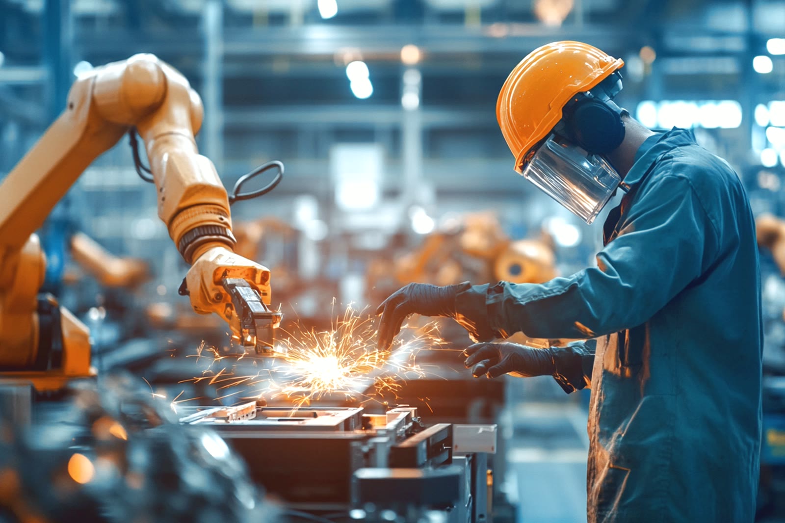 Industrial worker in safety suit operating equipment on a production line