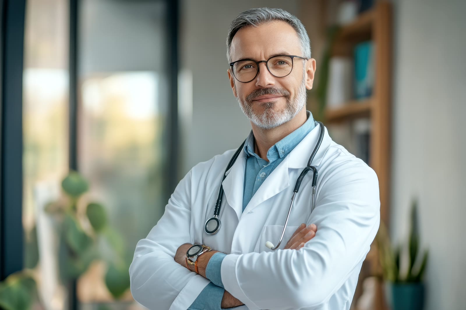 Professional doctor in white coat smiling with arms crossed