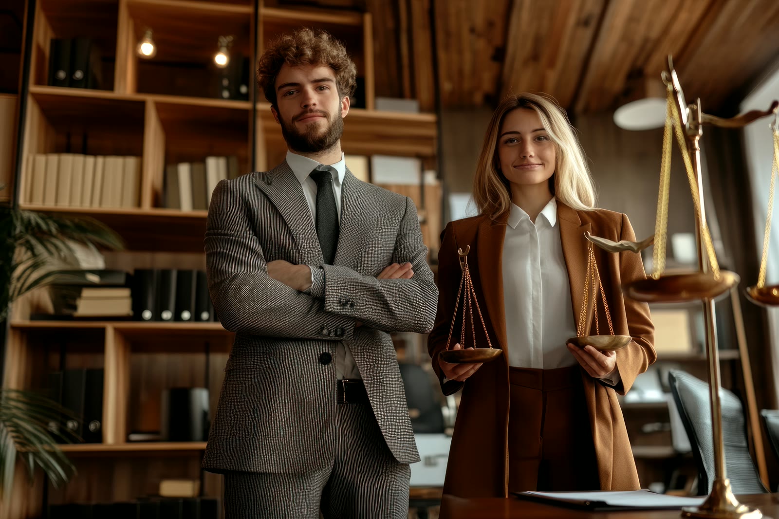 Two lawyers in a law office standing next to scales of justice