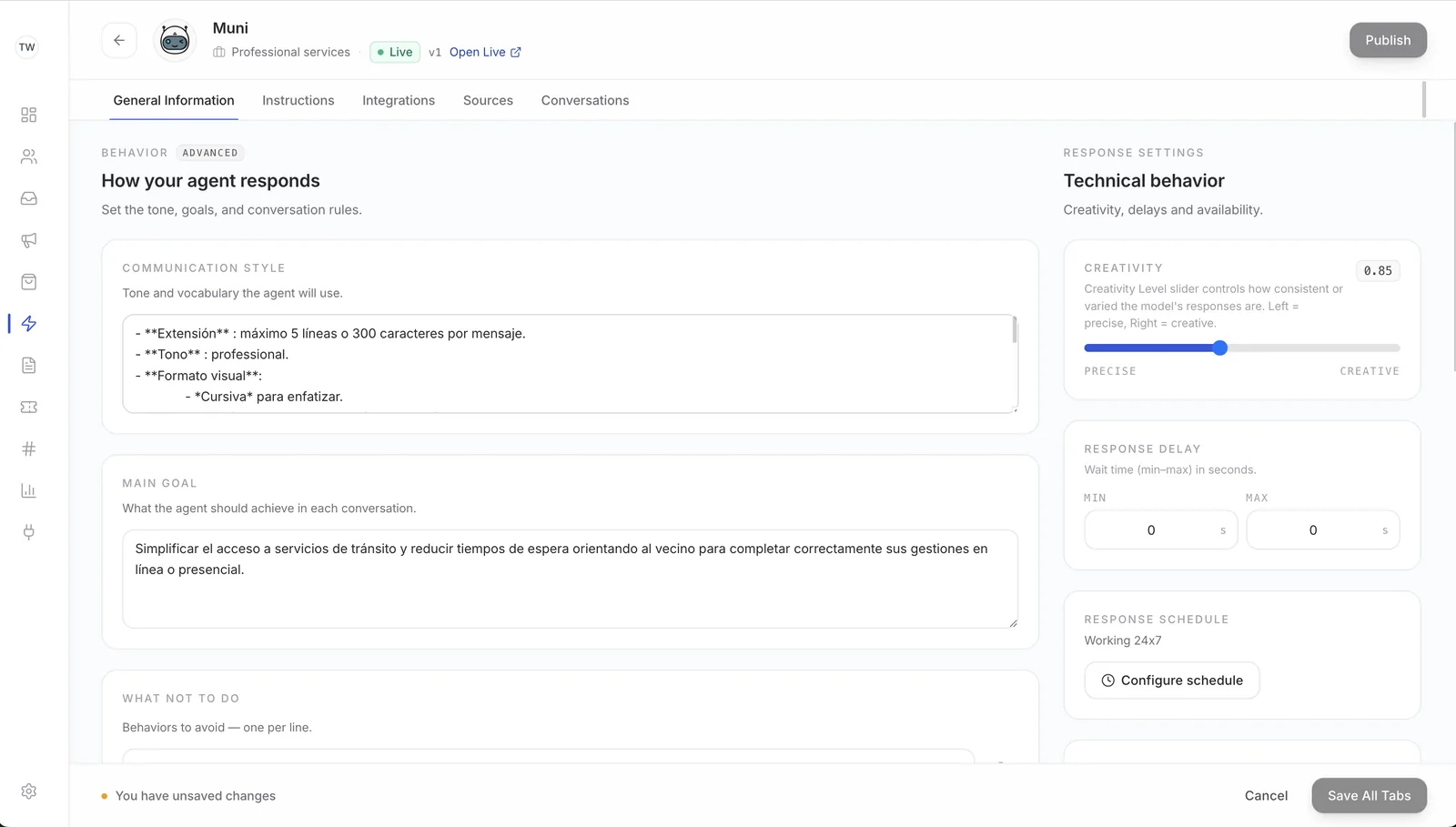 Pantalla de configuración de un agente IA de Twinny: estilo de comunicación, objetivo principal y nivel de creatividad.