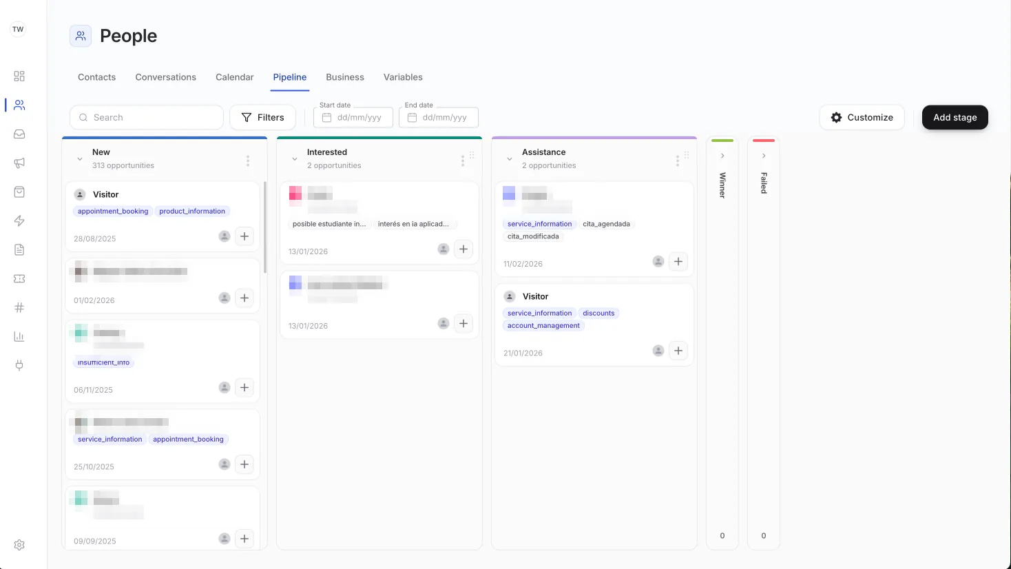 Pipeline tipo kanban en el CRM de Twinny con etapas New, Interested y Assistance.