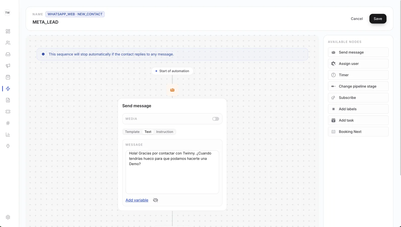 Constructor visual de flujos de Twinny con nodos de automatización: enviar mensaje, asignar, temporizador, cambiar etapa.