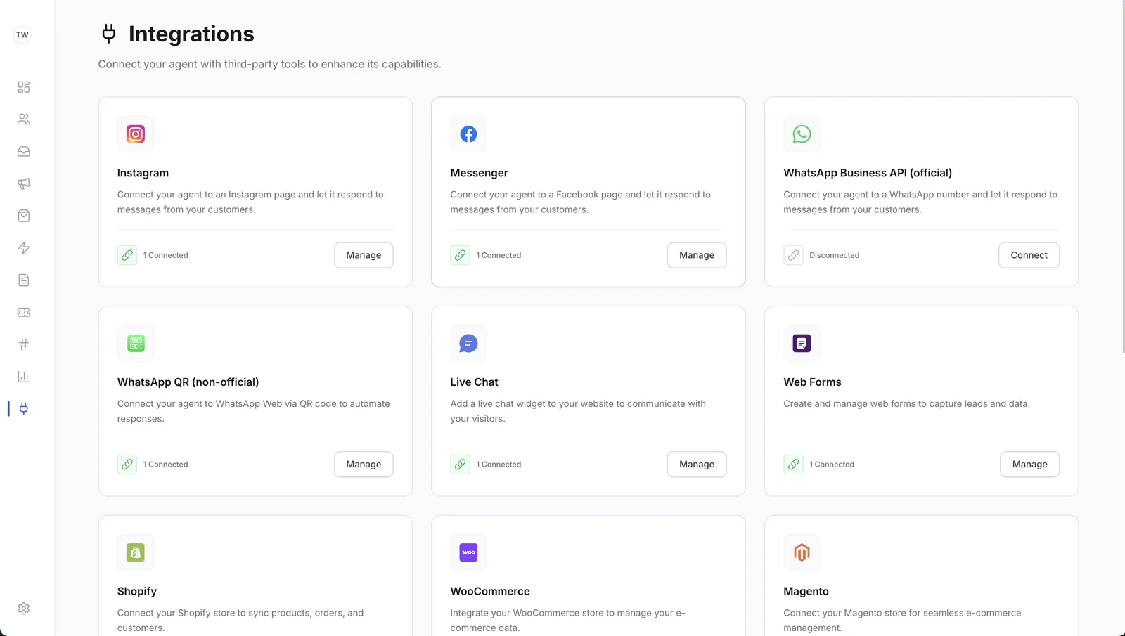 Twinny integrations catalog: Instagram, Messenger, WhatsApp Business API, Live Chat, web forms, Shopify, WooCommerce and more.